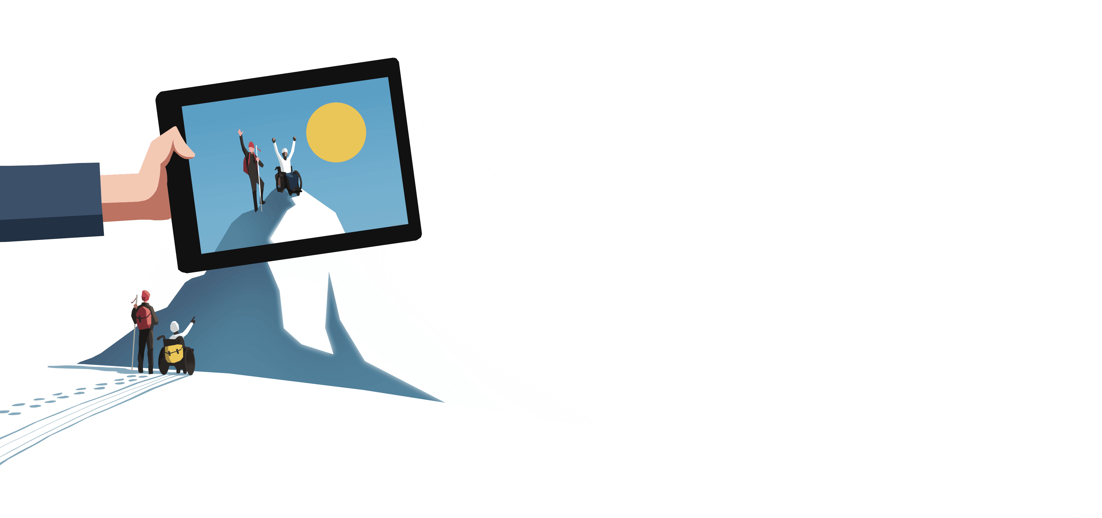 To eventyrere står respektive sitter ved foten av et fjell. Over dem holder en stor hånd et nettbrett hvor skjerm viser når eventyrerne har nådd fjelltoppen.